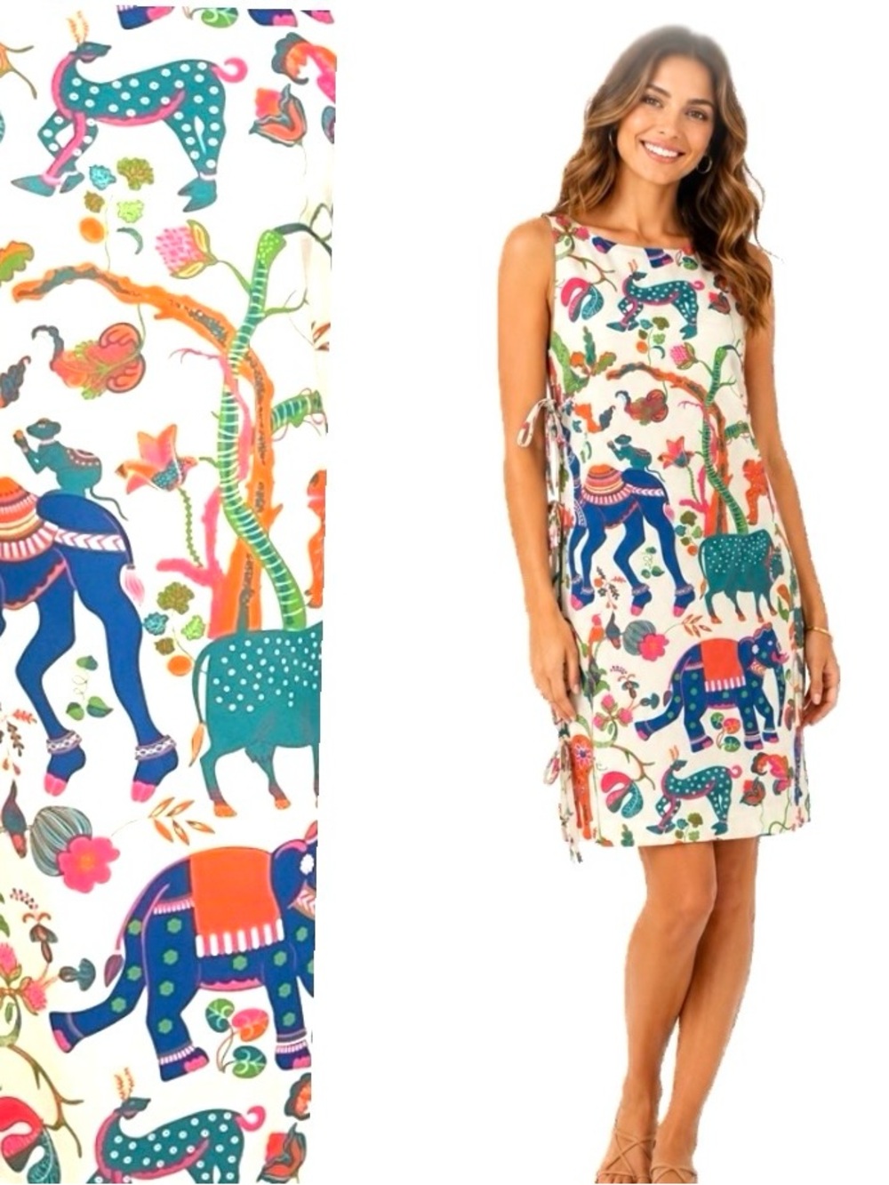 Gretchen Scott, Animal Kingdom Side Tie Dress Colorful Resort Print, Size S